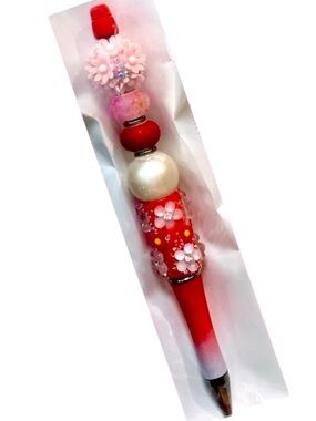 Beaded Pen Floral, Red, & Pink
